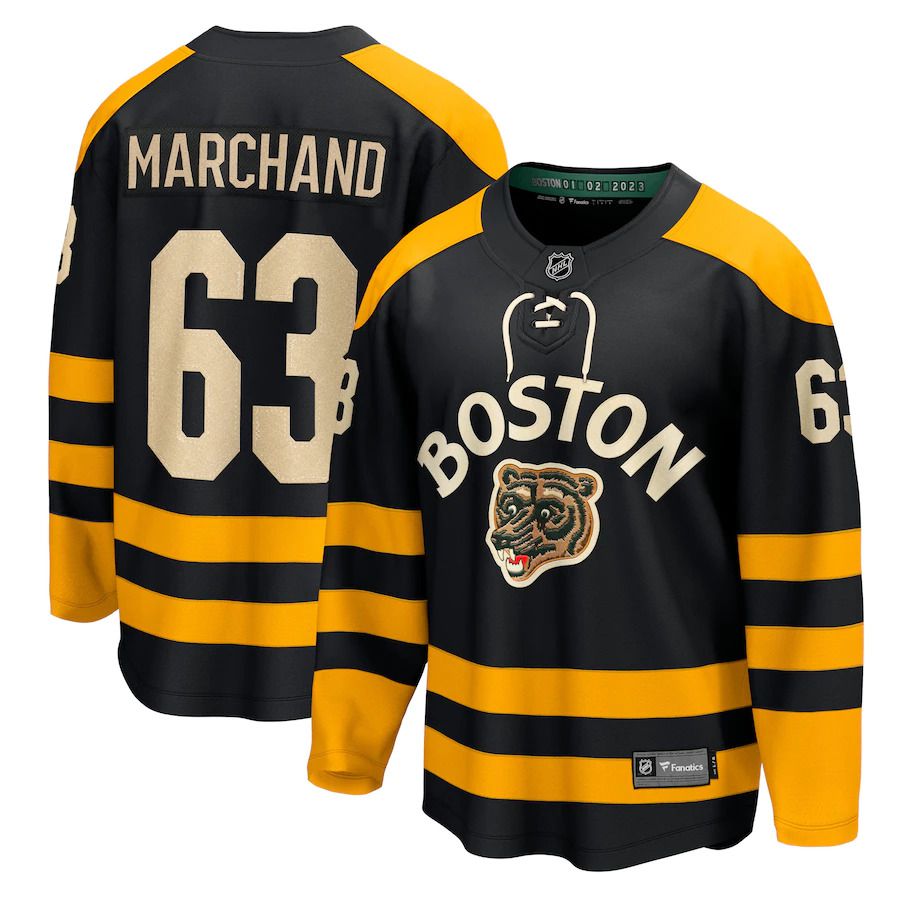 Men Boston Bruins 63 Brad Marchand Fanatics Branded Black 2023 Winter Classic Player NHL Jersey